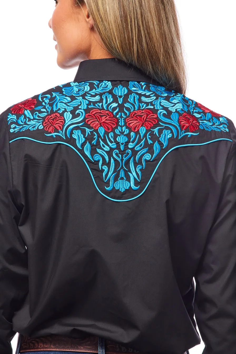 Ladies Black Western Blouse w/ Turquoise/Red Embroidery
