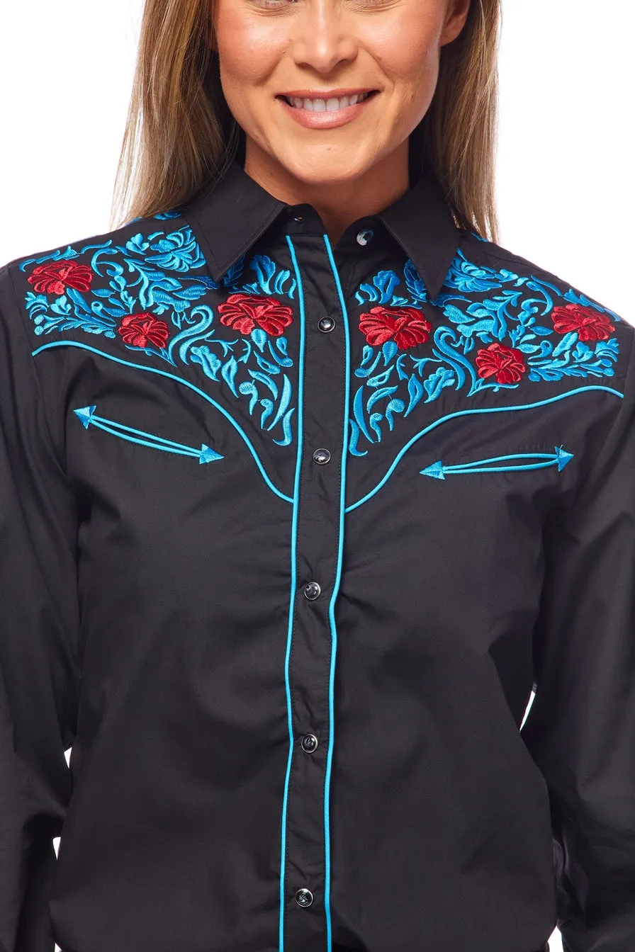 Ladies Black Western Blouse w/ Turquoise/Red Embroidery