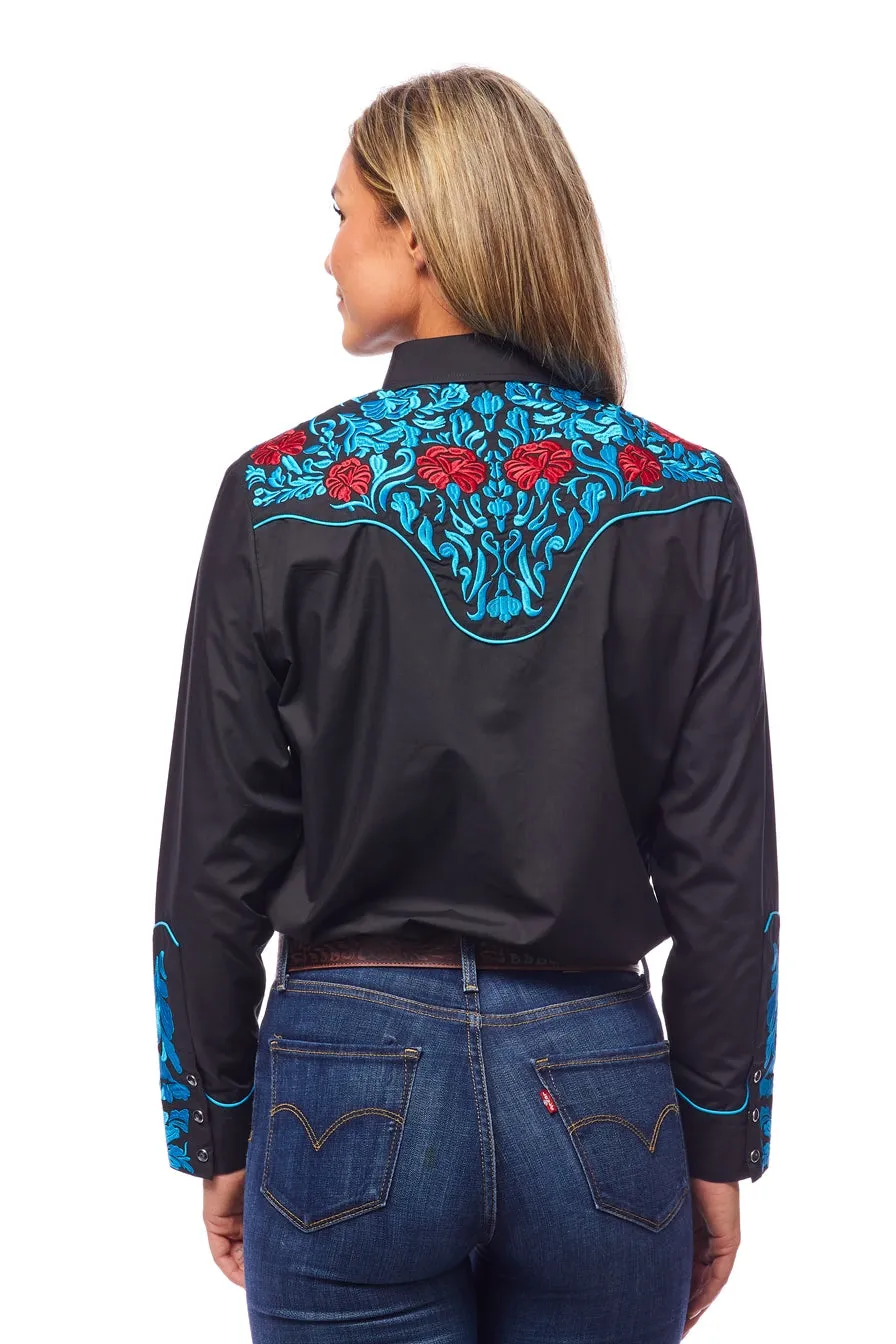 Ladies Black Western Blouse w/ Turquoise/Red Embroidery