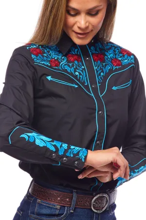 Ladies Black Western Blouse w/ Turquoise/Red Embroidery