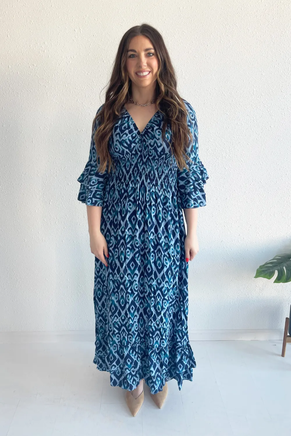 Large Swirl V-Neck Bell Sleeve Maxi