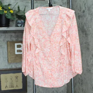 LC Lauren Conrad Plus Size V-Neck Long Sleeve V-Neck Blouse Top Pink White 1X