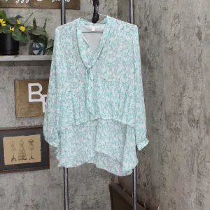 LC Lauren Conrad V-Neck Tie Front Tunic Lined Blouse Shirt Top Blue Green M