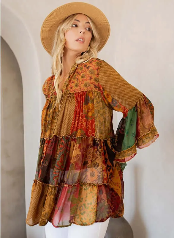 Leila Patchwork Jhabla Blouse in Camel