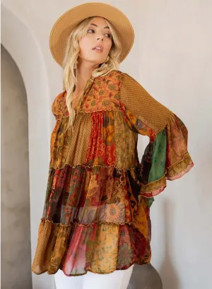 Leila Patchwork Jhabla Blouse in Camel