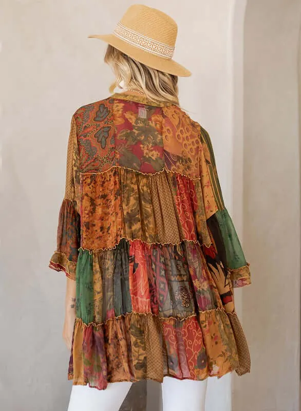 Leila Patchwork Jhabla Blouse in Camel