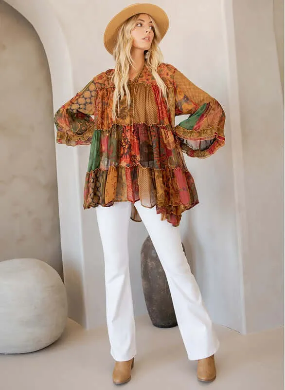 Leila Patchwork Jhabla Blouse in Camel