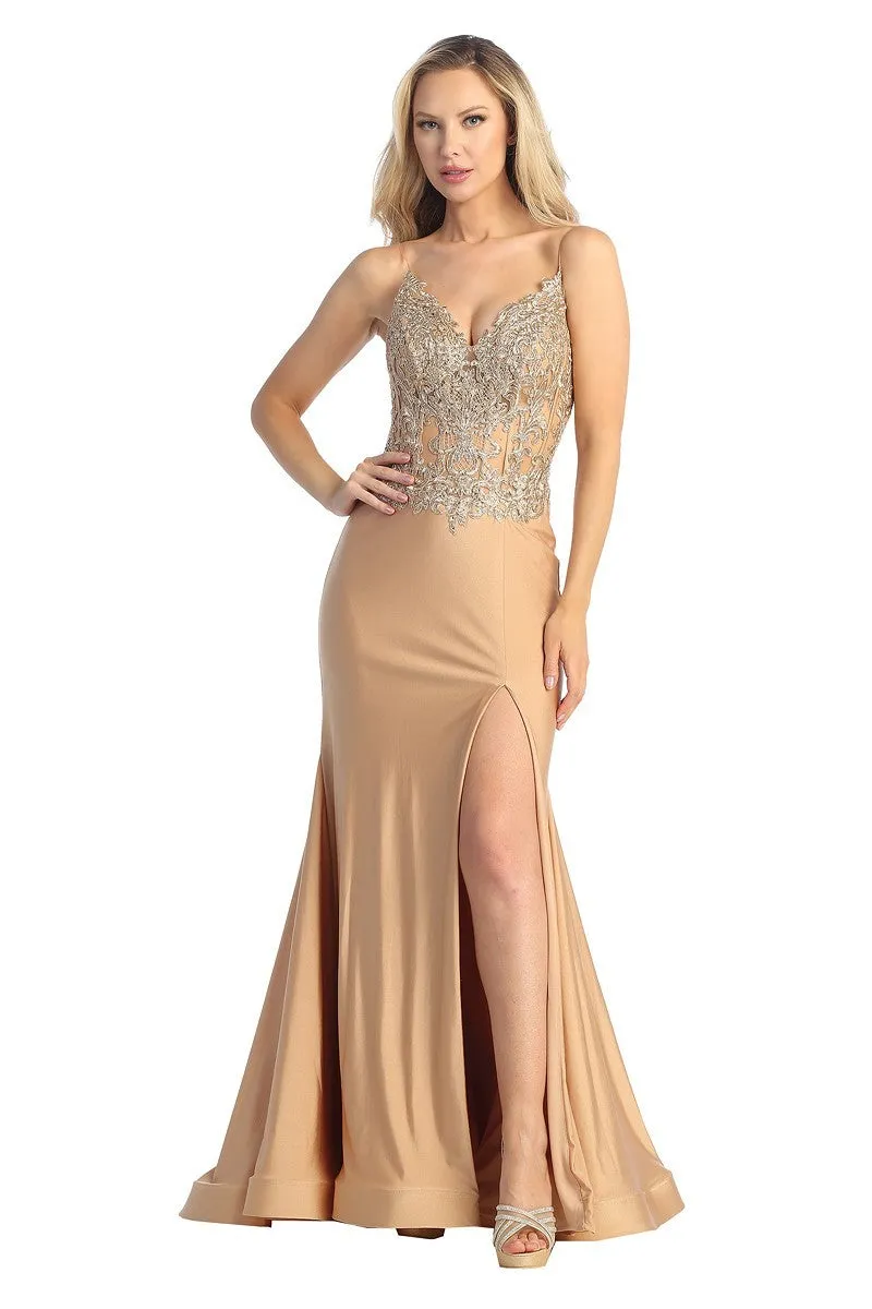 LF 7761 - Stretch Satin Fit & Flare Prom Gown with Sheer Bead & Lace Embellished Bodice & Leg Slit