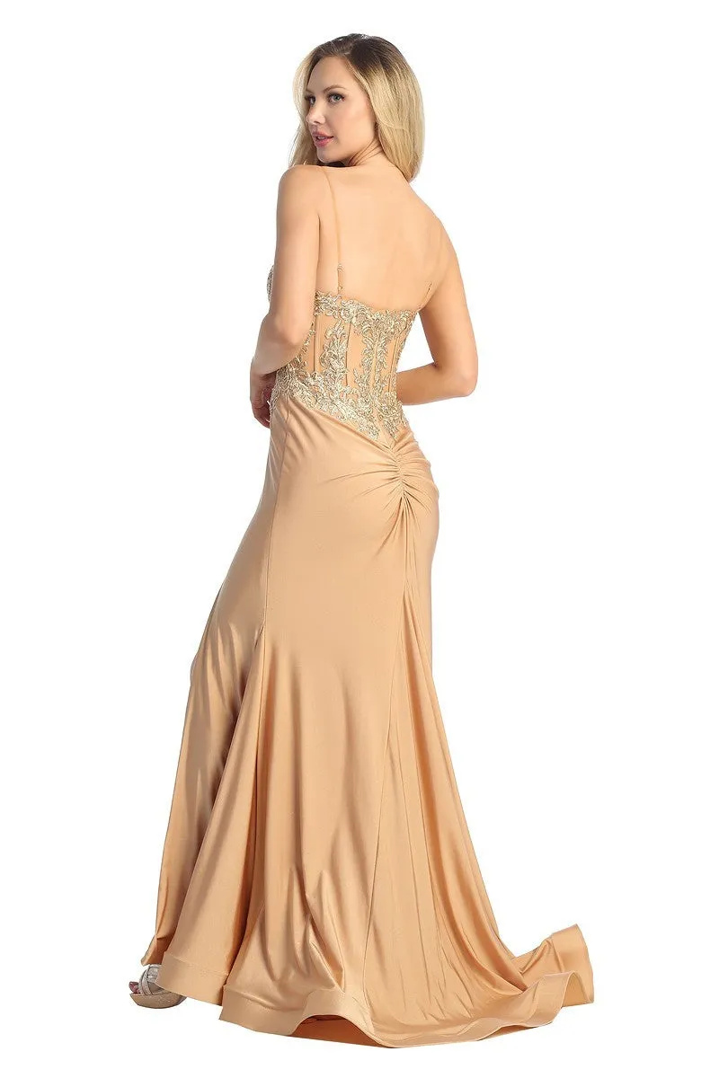 LF 7761 - Stretch Satin Fit & Flare Prom Gown with Sheer Bead & Lace Embellished Bodice & Leg Slit