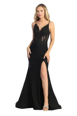 LF 7761 - Stretch Satin Fit & Flare Prom Gown with Sheer Bead & Lace Embellished Bodice & Leg Slit