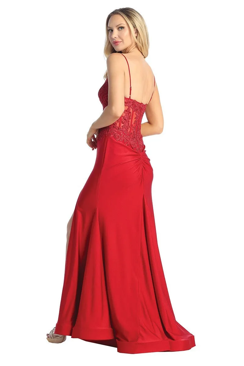 LF 7761 - Stretch Satin Fit & Flare Prom Gown with Sheer Bead & Lace Embellished Bodice & Leg Slit