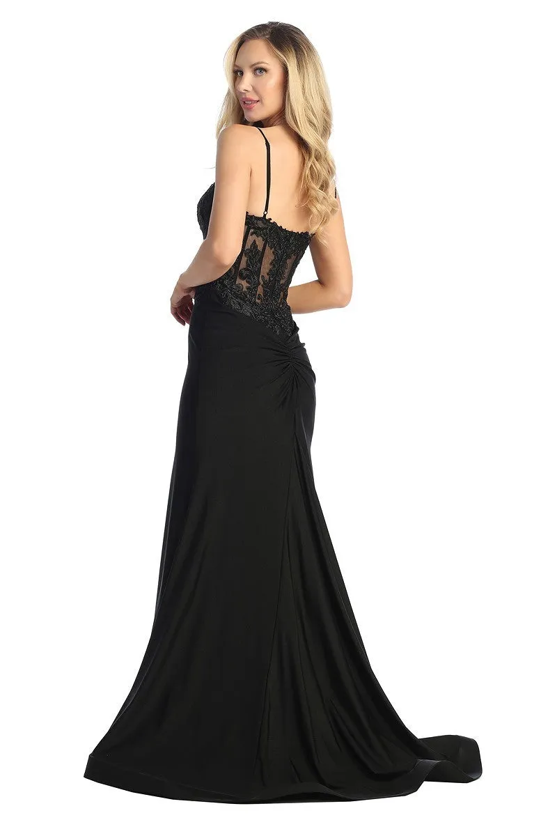 LF 7761 - Stretch Satin Fit & Flare Prom Gown with Sheer Bead & Lace Embellished Bodice & Leg Slit