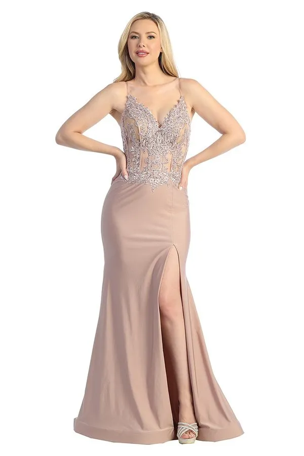 LF 7761 - Stretch Satin Fit & Flare Prom Gown with Sheer Bead & Lace Embellished Bodice & Leg Slit