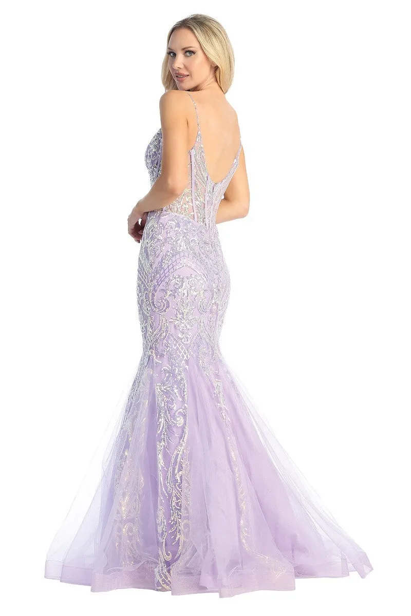 LF 7848 - Sequin Patterned Mermaid Prom Gown with Sheer Boned Corset Bodice & Tulle Skirt