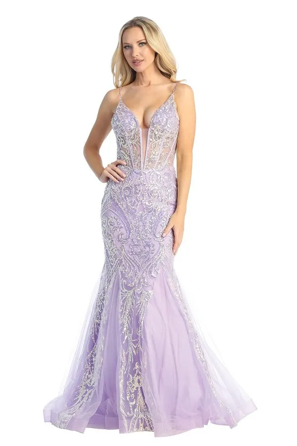 LF 7848 - Sequin Patterned Mermaid Prom Gown with Sheer Boned Corset Bodice & Tulle Skirt