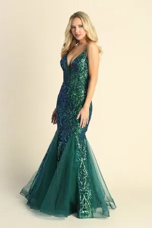 LF 7848 - Sequin Patterned Mermaid Prom Gown with Sheer Boned Corset Bodice & Tulle Skirt
