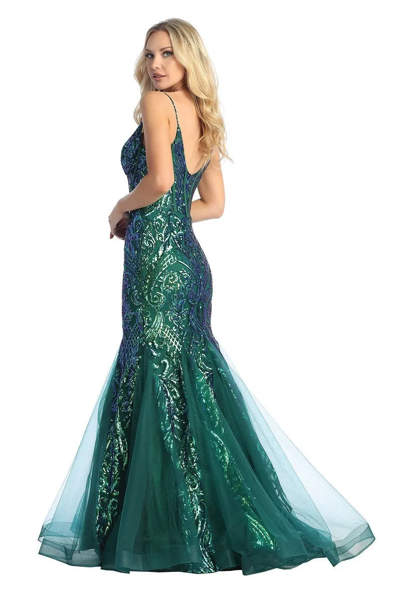 LF 7848 - Sequin Patterned Mermaid Prom Gown with Sheer Boned Corset Bodice & Tulle Skirt