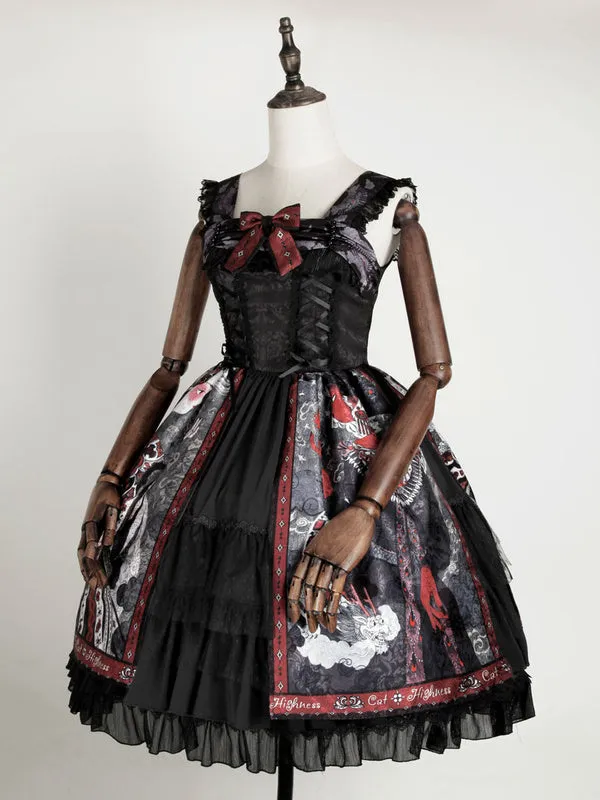 Lolita JSK Dress Black Silver Sleeveless Bows Polyester Cami Lolita Jumper Skirts