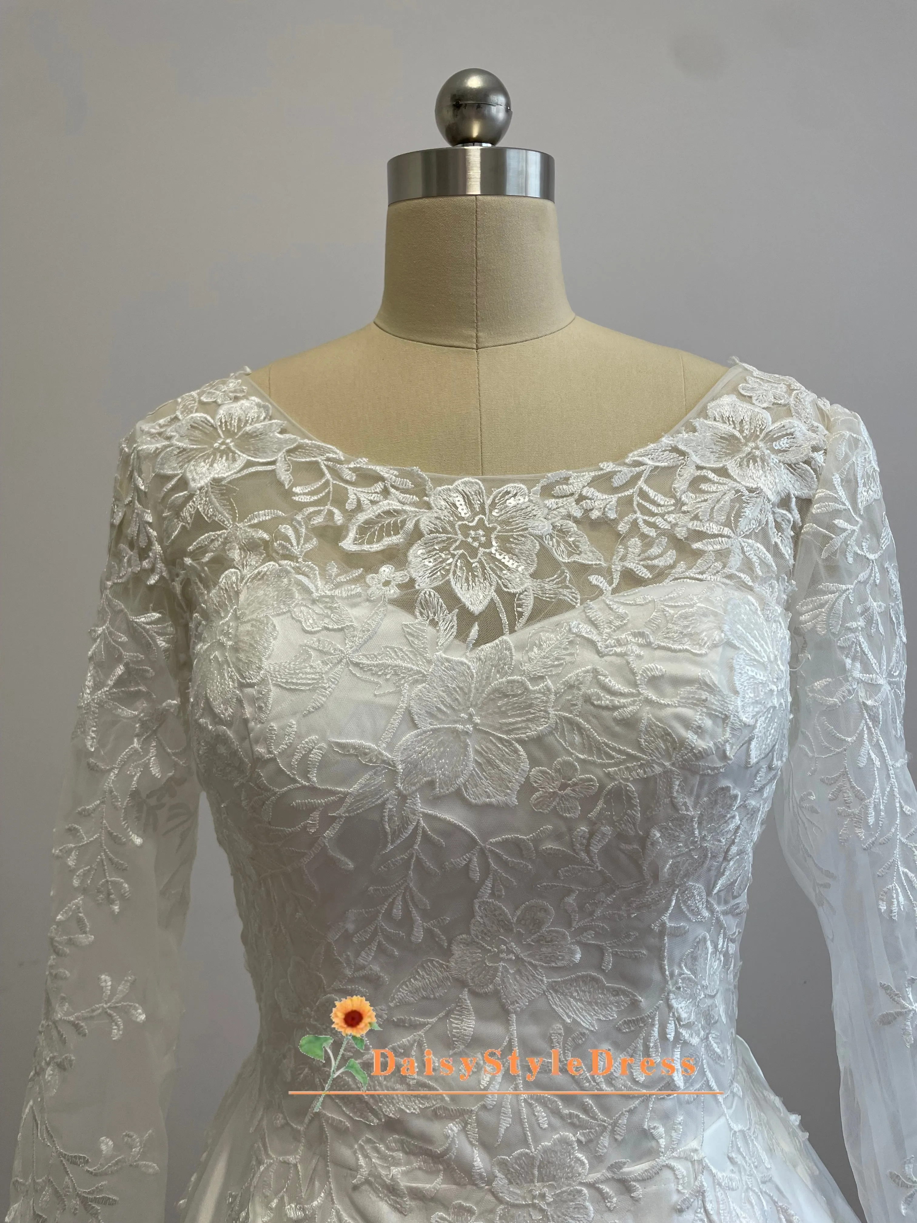 Long Sleeve Lace Ivory Satin Wedding Dress