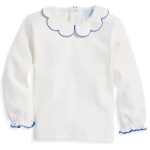 Long Sleeve Pima Scallop Collar Tee -- Ivory w/ Sapphire