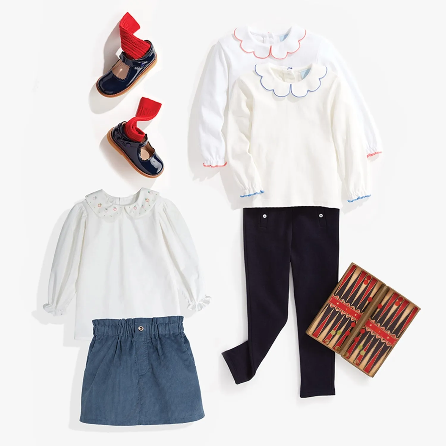 Long Sleeve Pima Scallop Collar Tee -- Ivory w/ Sapphire