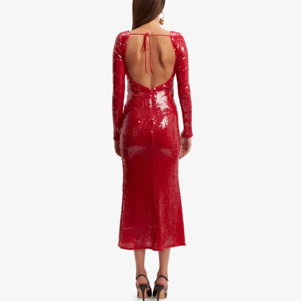 Long Sleeve Sequined Midi Dress KLYF1291
