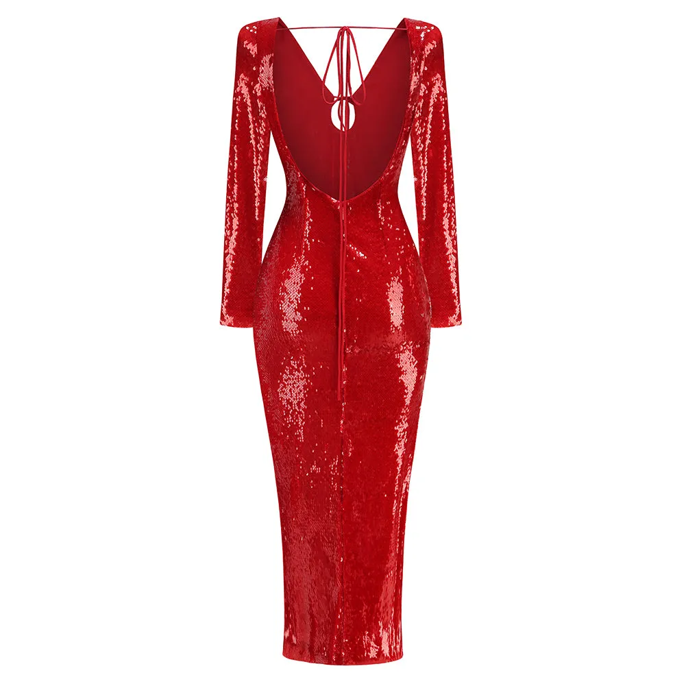 Long Sleeve Sequined Midi Dress KLYF1291
