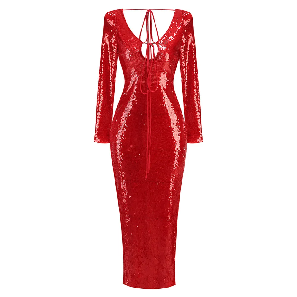 Long Sleeve Sequined Midi Dress KLYF1291