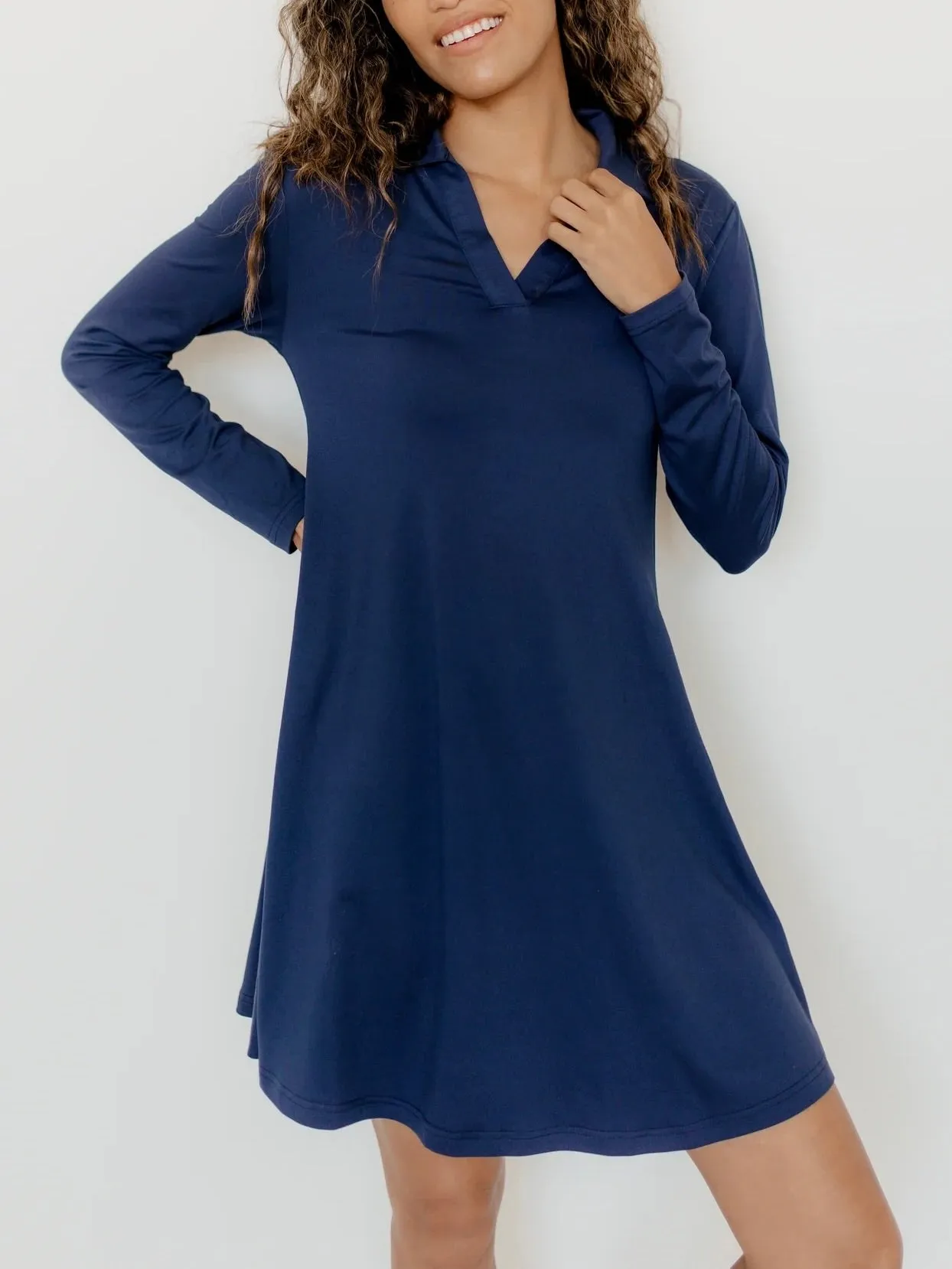 Long Sleeve Trapeze Dress - Blue