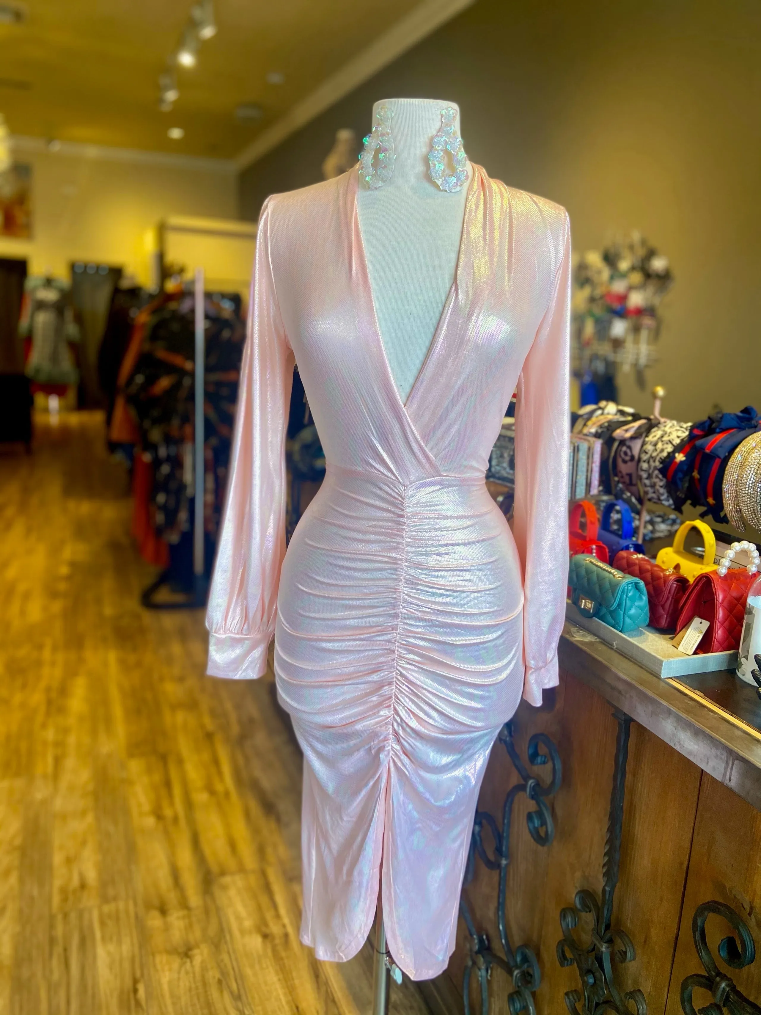Long Sleeve V Cut Rouge Dress