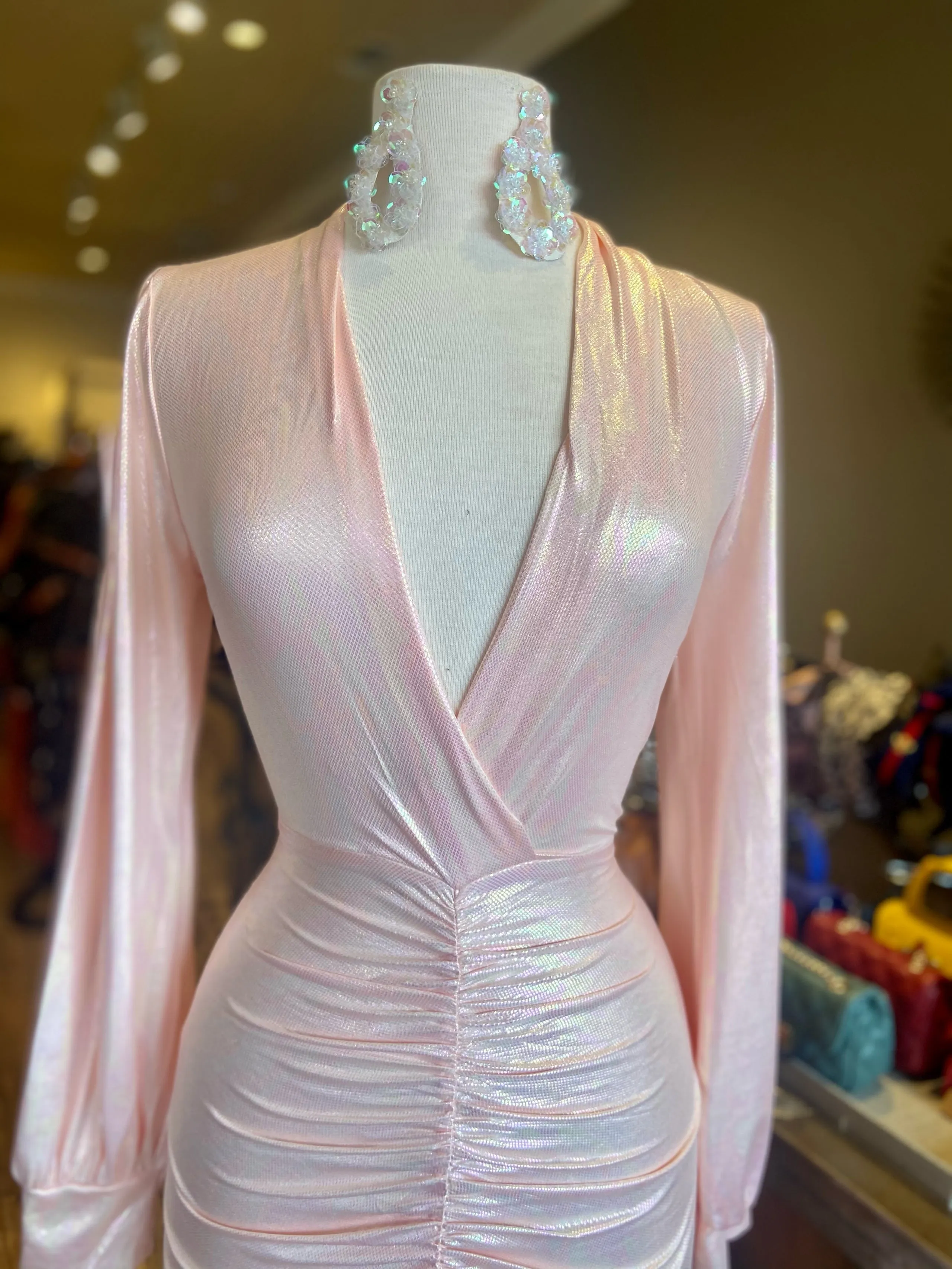 Long Sleeve V Cut Rouge Dress