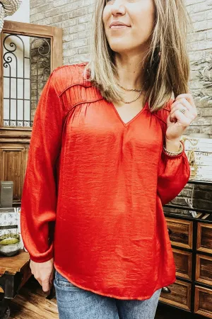 Long Sleeve V-Neck Blouse with Shirring