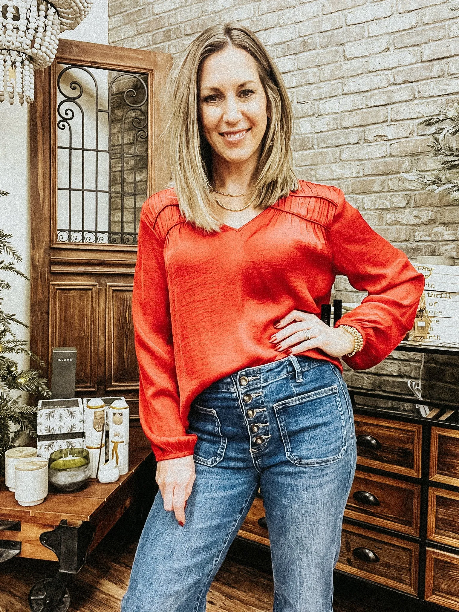 Long Sleeve V-Neck Blouse with Shirring