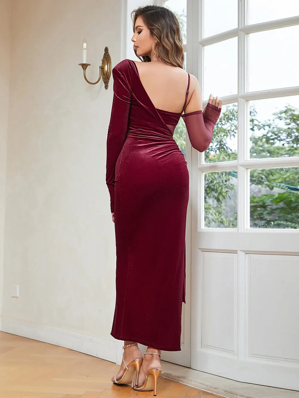Long Sleeve Wrinkled Midi Bodycon Dress HB10016