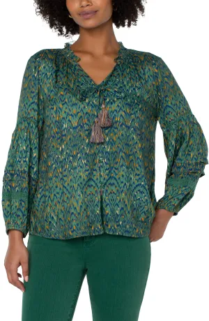 Long Slv Popover Shirred Blouse w Cut Out V Neck Tassel Tie