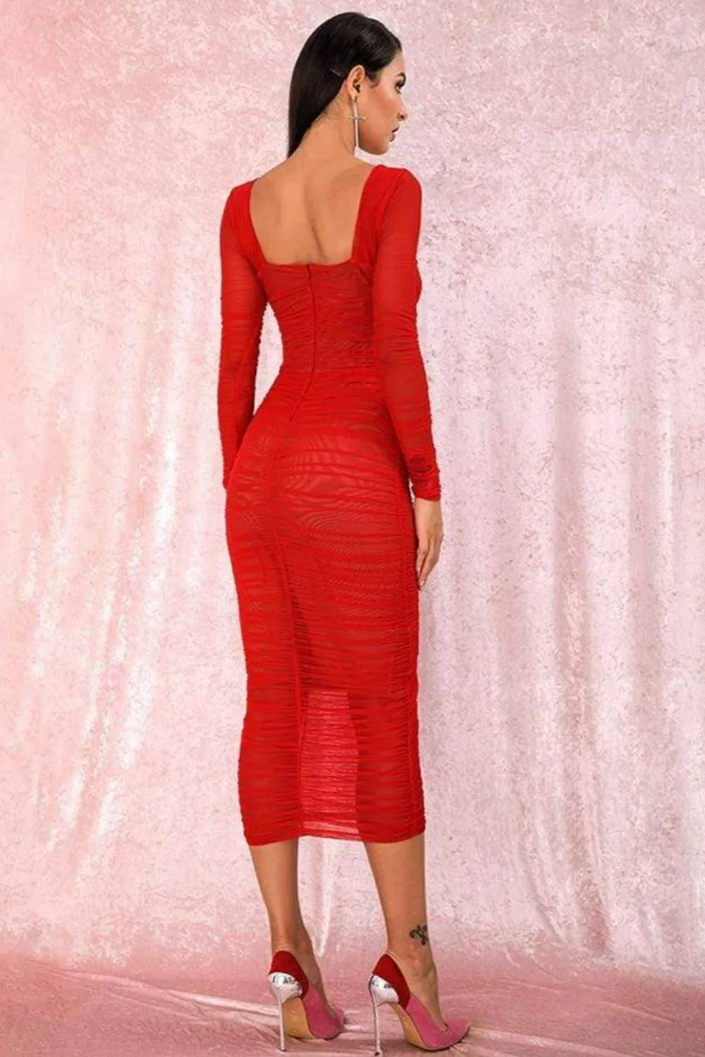 Loren Long Sleeve Elastic Ruched Hot Red Dress