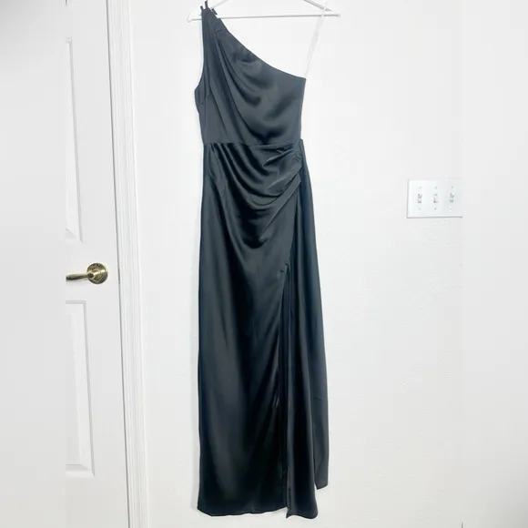 Lulus Signature Elegance Black Satin One-Shoulder Maxi Dress