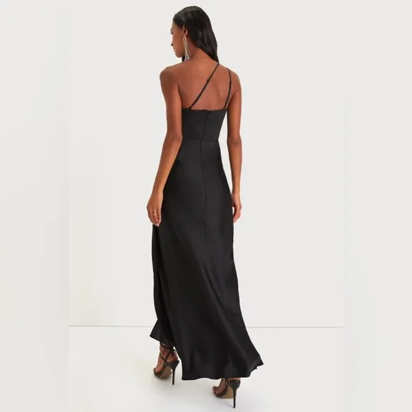 Lulus Signature Elegance Black Satin One-Shoulder Maxi Dress