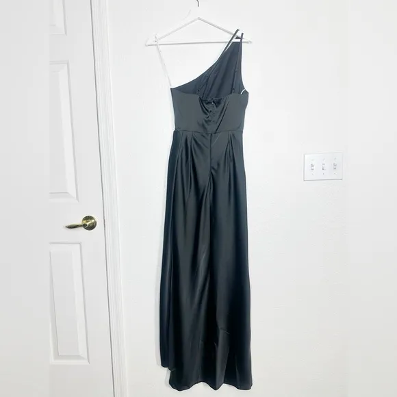 Lulus Signature Elegance Black Satin One-Shoulder Maxi Dress