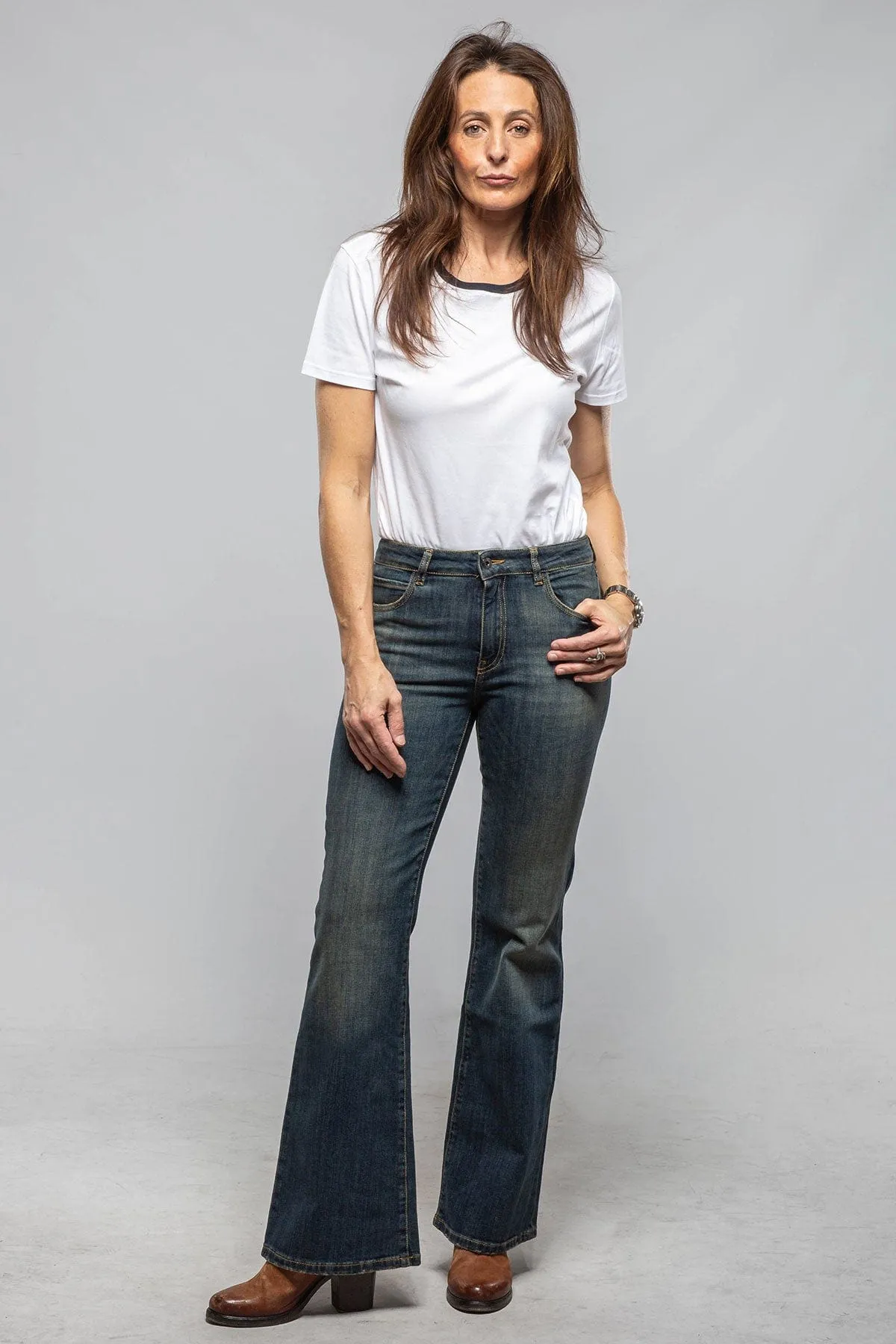 Luna Vintage Denim Relaxed Flared In Mid Dark Blue