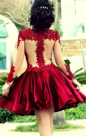 MACloth Long Sleeves Illusion Red Mini Prom Homecoming Dress Lace Wedding Party Dress