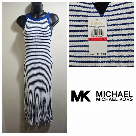 Michael Kors Royal Cobalt Blue White Striped Halter Neck Knit Dress