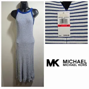 Michael Kors Royal Cobalt Blue White Striped Halter Neck Knit Dress
