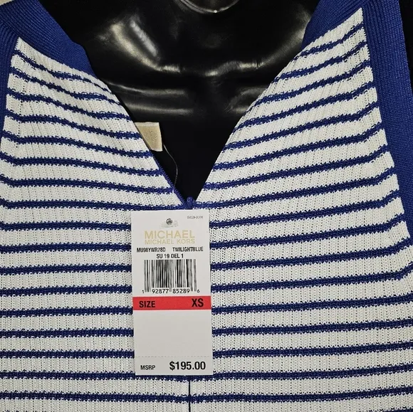 Michael Kors Royal Cobalt Blue White Striped Halter Neck Knit Dress