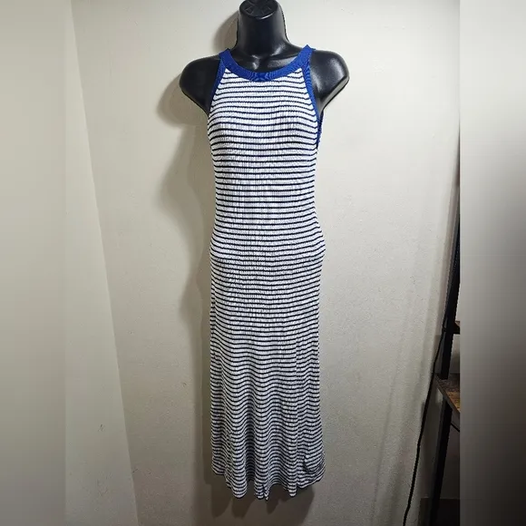 Michael Kors Royal Cobalt Blue White Striped Halter Neck Knit Dress