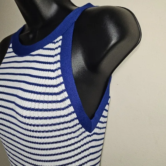 Michael Kors Royal Cobalt Blue White Striped Halter Neck Knit Dress