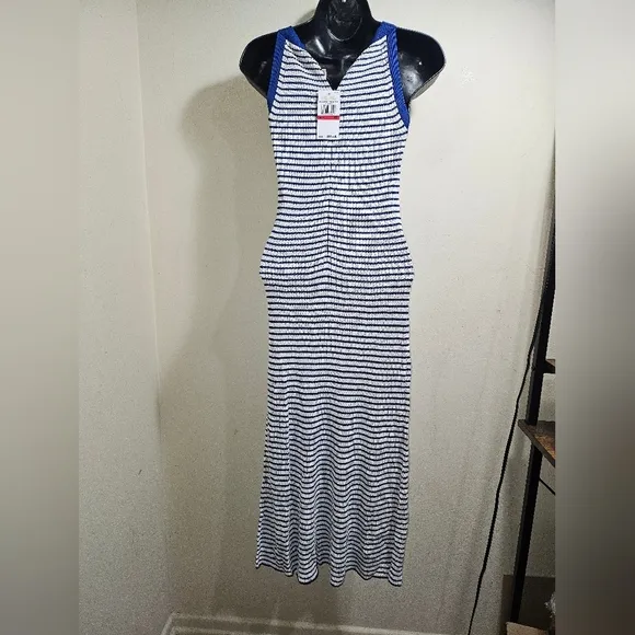 Michael Kors Royal Cobalt Blue White Striped Halter Neck Knit Dress