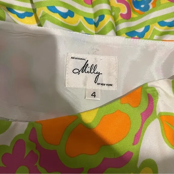 MILLY Retro Floral Print Resort Silk Pleated Skirt Size 4