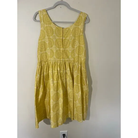 ModCloth Butter Yellow Polka Dot Circle Fit n Flare Pinup Dress XL Cotton Pocket