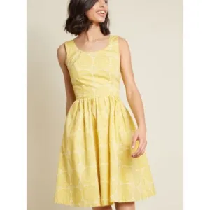 ModCloth Butter Yellow Polka Dot Circle Fit n Flare Pinup Dress XL Cotton Pocket